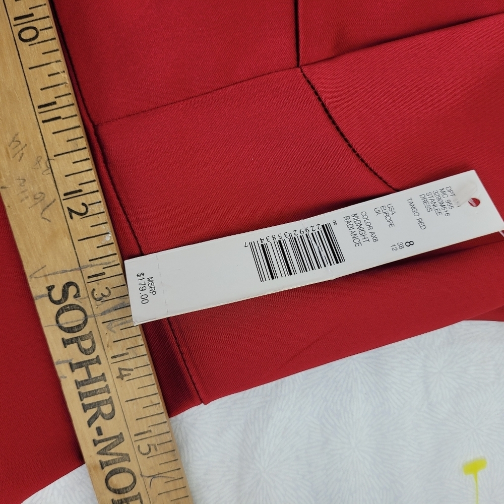 Antonio Melani red satin fitted dress cap sleeves square neckline fancy NWT 8 - Picture 6 of 11